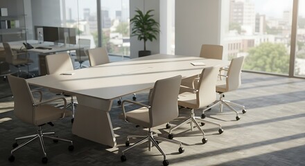 Modern Conference Room with White Table and Beige Chairs in Office Space