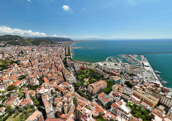 Salerno, Campania, Italy, September 12, 2025: Drone view of the Gulf of Salerno, Arechi Castle, and the maritime station.