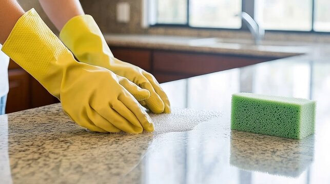 A person in rubber gloves is diligently cleaning a wooden countertop with a green sponge. A tidy kitchen filled with light enhances the ambiance of cleanliness