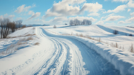 Snow-covered road winding through winter landscape under blue sky  