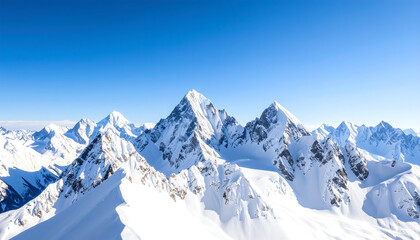 Breathtaking panoramic view of a majestic snow-capped mountain range under a brilliant blue sky, showcasing pristine winter wilderness and towering peaks