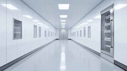 Wide panoramic drone interior shot of cultured meat laboratory with rows of advanced bioreactors.