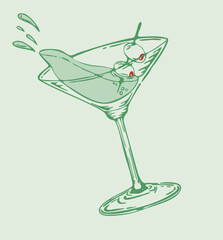 Spilled Martini Glass Sketch Drawing with Two Olives Full Color