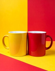 Two mugs, yellow and red, on a yellow and red background