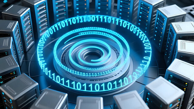 Spiral of silver data servers, glowing blue rings of holographic line-art.