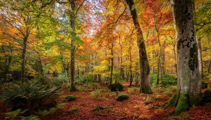 Obraz premium A Dense Forest Showcases A Stunning Array Of Autumn Colors With Green Orange And Yellow Leaves Blending Harmoniously As The Season Transitions