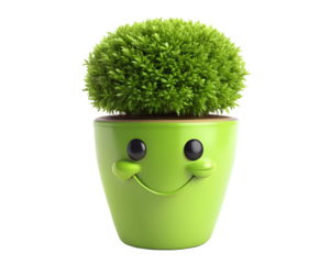 A cute green potted plant with a smiley face isolated on transparent background
