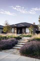 Beautiful modern house with landscaped garden in a suburban area during the evening hours capturing serene atmosphere and elegant architecture