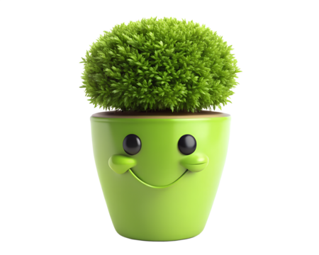 A cute green potted plant with a smiley face isolated on transparent background