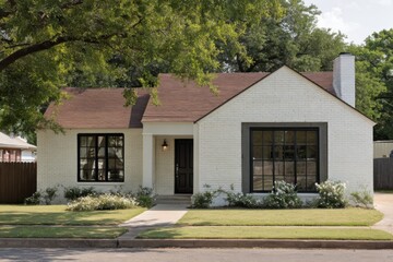 Nestled in a tranquil neighborhood, this delightful white brick house adorned with sleek black accents is beautifully complemented by lush green landscaping under the bright sun