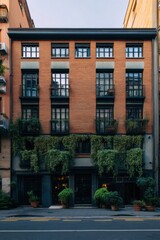 Naklejka premium Urban building with greenery, showcasing brick architecture and well-maintained pots, located in a vibrant city during late afternoon light