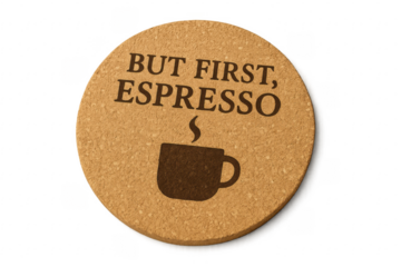Round Cork Coaster with But First, Espresso Lettering and Coffee Cup Icon on Transparent Background