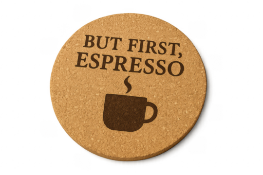 Round Cork Coaster with But First, Espresso Lettering and Coffee Cup Icon on Transparent Background