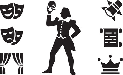 Dramatic Silhouette Depiction of Theater Arts with Masks, Script, Crown, and Stage Lighting