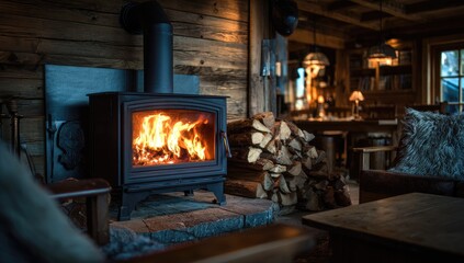 Cozy cabin interior with wood stove