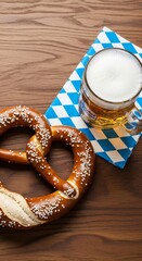  Traditional Bavarian beer in a mug with salted pretzels on wooden table, blue-white palette, Oktoberfest celebration, copy space