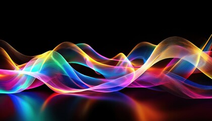 vibrant flowing colorful light waves in abstract pattern glowing against black background for digital art or creative design
