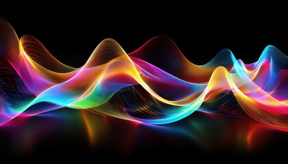 vibrant flowing colorful light waves in abstract pattern glowing against black background for digital art or creative design