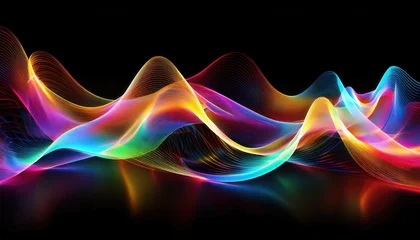 Canvas schilderij Fractale golven vibrant flowing colorful light waves in abstract pattern glowing against black background for digital art or creative design  © Arthur