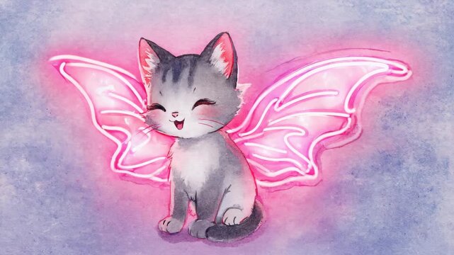 Whimsical Watercolor: Gray Kitten with Glowing Pink Fairy Wings Animation. footage video