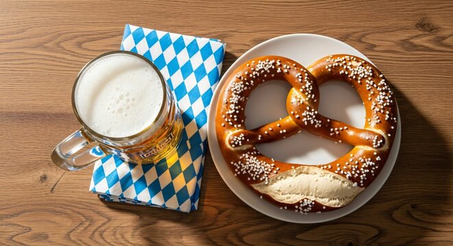  Traditional Bavarian beer in a mug with salted pretzels on wooden table, blue-white palette, Oktoberfest celebration, copy space