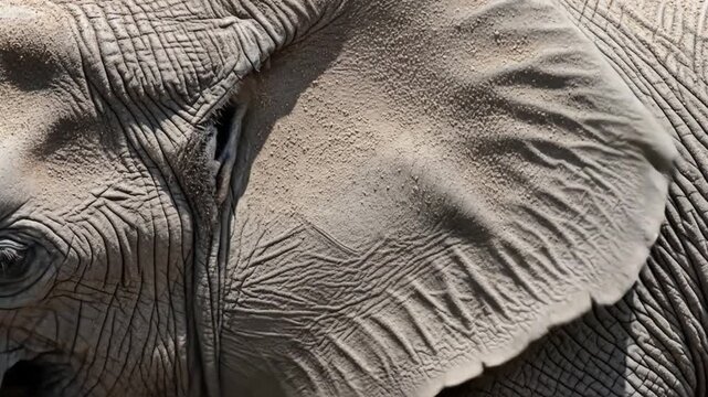An elephants face is captured in a closeup The ear eye and wrinkled skin are detailed Some spots can be seen on the ear