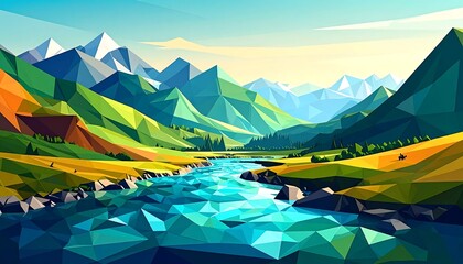 Vibrant Low Poly Mountain Landscape with River.