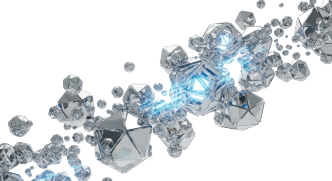 Highly polished silver crystalline fragments, some with blue/cyan glows and digital light trails, interweaving in a weightless cascade within a transparent void, abstract data visualization concept