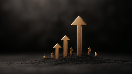 Fototapeta premium Growth graph with golden arrows and miniature figures on black background 