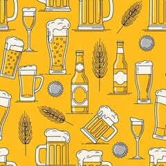 Seamless pattern with beer mugs, glasses, bottles, wheat, and caps on yellow background, festive Oktoberfest design