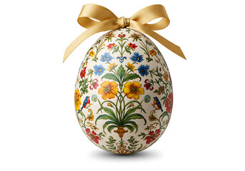 ornamental floral egg with golden ribbon and colorful symmetrical design isolated on white background