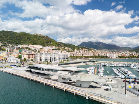 Salerno, Campania, Italy, September 12, 2025: Drone view of the Gulf of Salerno, Arechi Castle, and the maritime station.