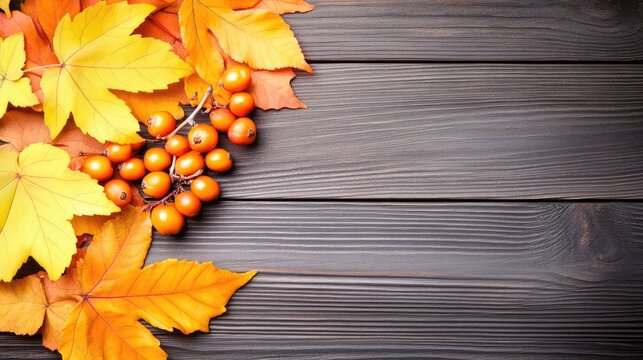 Colorful autumn maple leaves and rowan berries form a beautiful frame on a wooden table, offering ample space for adding creative text or designs related to fall