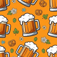 Seamless pattern with frothy beer mugs, pretzels, flowers and hops on orange background, cartoon festive palette, Oktoberfest
