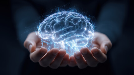 Human hands holding a glowing blue AI artificial intelligence brain. Concept human intelligence and artificial intelligence technology interaction. 
