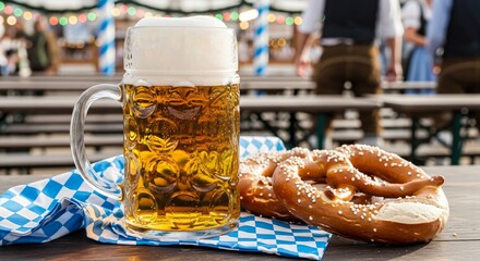Traditional Bavarian beer mug with golden lager and salted pretzels on checkered napkin, festive outdoor Oktoberfest scene