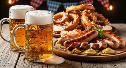 Bavarian Oktoberfest set with beer mugs, grilled sausages, mustard, and pretzels on wooden table, festive party food