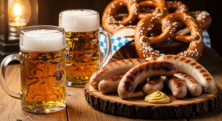 Bavarian Oktoberfest set with beer mugs, grilled sausages, mustard, and pretzels on wooden table, festive party food