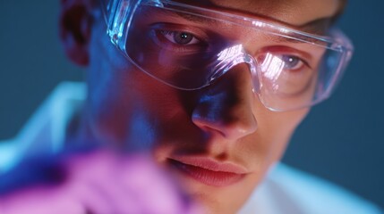 Scientist immersed in analyzing DNA sequences using advanced holographic interfaces in a cutting-edge laboratory environment illuminated in cool tones