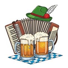 Oktoberfest beer mugs with foam, green alpine hat and accordion on blue checkered napkin, festive cartoon palette, party