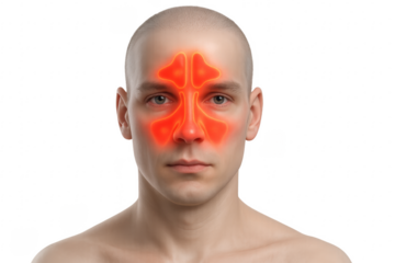 Man suffering from sinusitis highlighted in red on transparent background