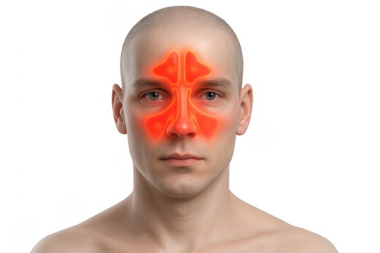Man suffering from sinusitis highlighted in red on transparent background