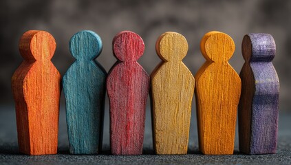 Row of colorful wooden figurines