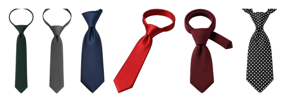 Necktie set including smooth, knitted, and polka dot styles in various colors isolated. Men's fashion and formal wear collection.