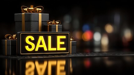 Luxury SALE concept with glowing yellow sign beside stacked black gift boxes tied in golden ribbons on dark festive background for promotion