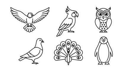 Collection of Vector Outline Bird Icons Eagle, Owl, Parrot, and More