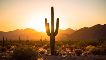 A majestic saguaro cactus stands tall, silhouetted against a breathtaking golden sunset over the vast desert landscape, with distant mountains illuminated by the warm, fading light of dusk