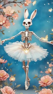 Skeleton Ballerina with Bunny Ears in Floral Fantasy, Dancing with Butterflies. footage video