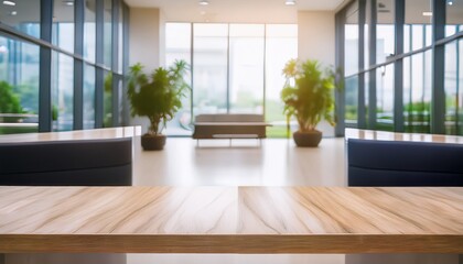 Fototapeta premium Modern business reception with wooden desk and glass office concept