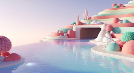 Serene 3d rendering depicting a dreamlike pastel colored landscape with water and abstract sculptures